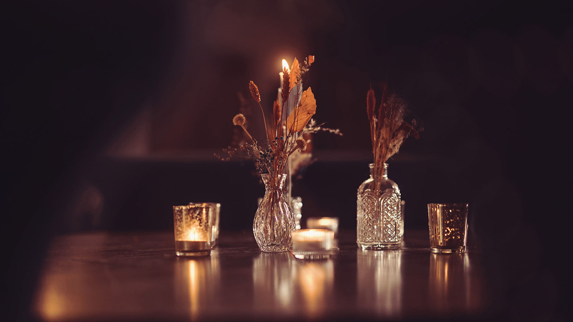 Table decorations and candles at Wild Boar Estate