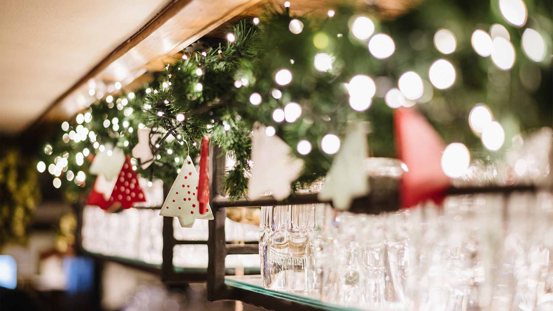 Christmas decorations above the bar