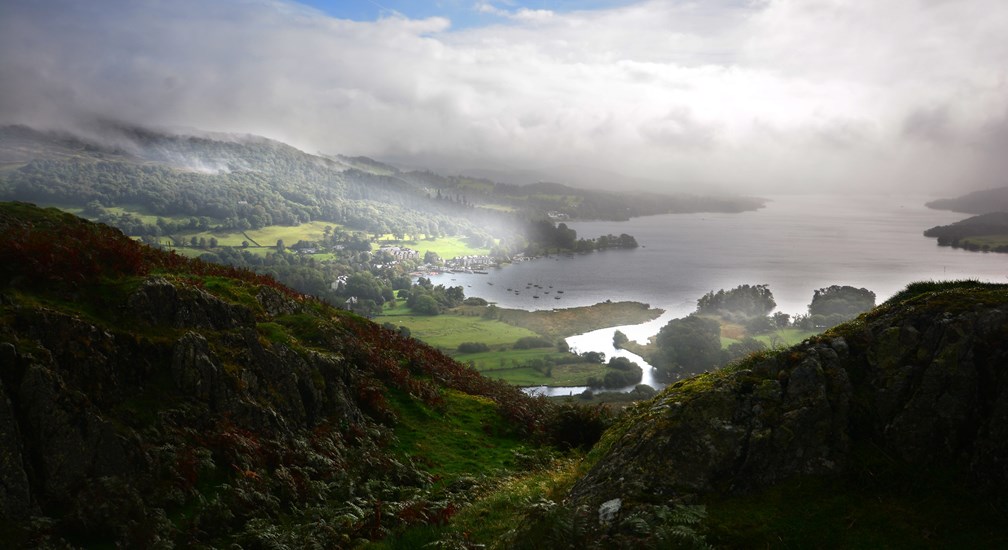 View from Loughrigg over a misty Windermere