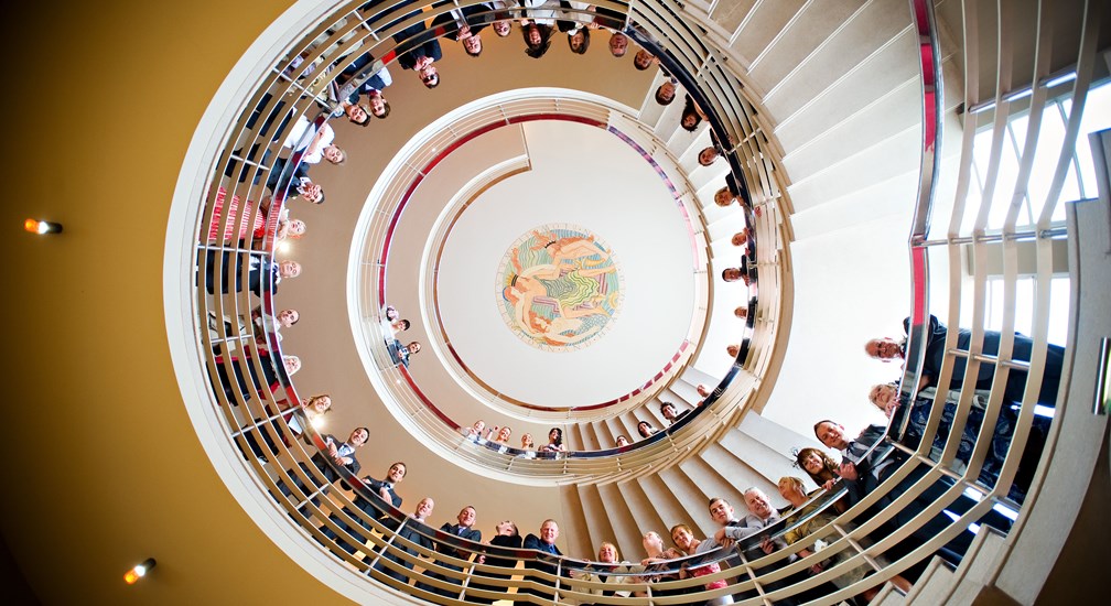 Wedding guests on the Midland Hotel staircase 