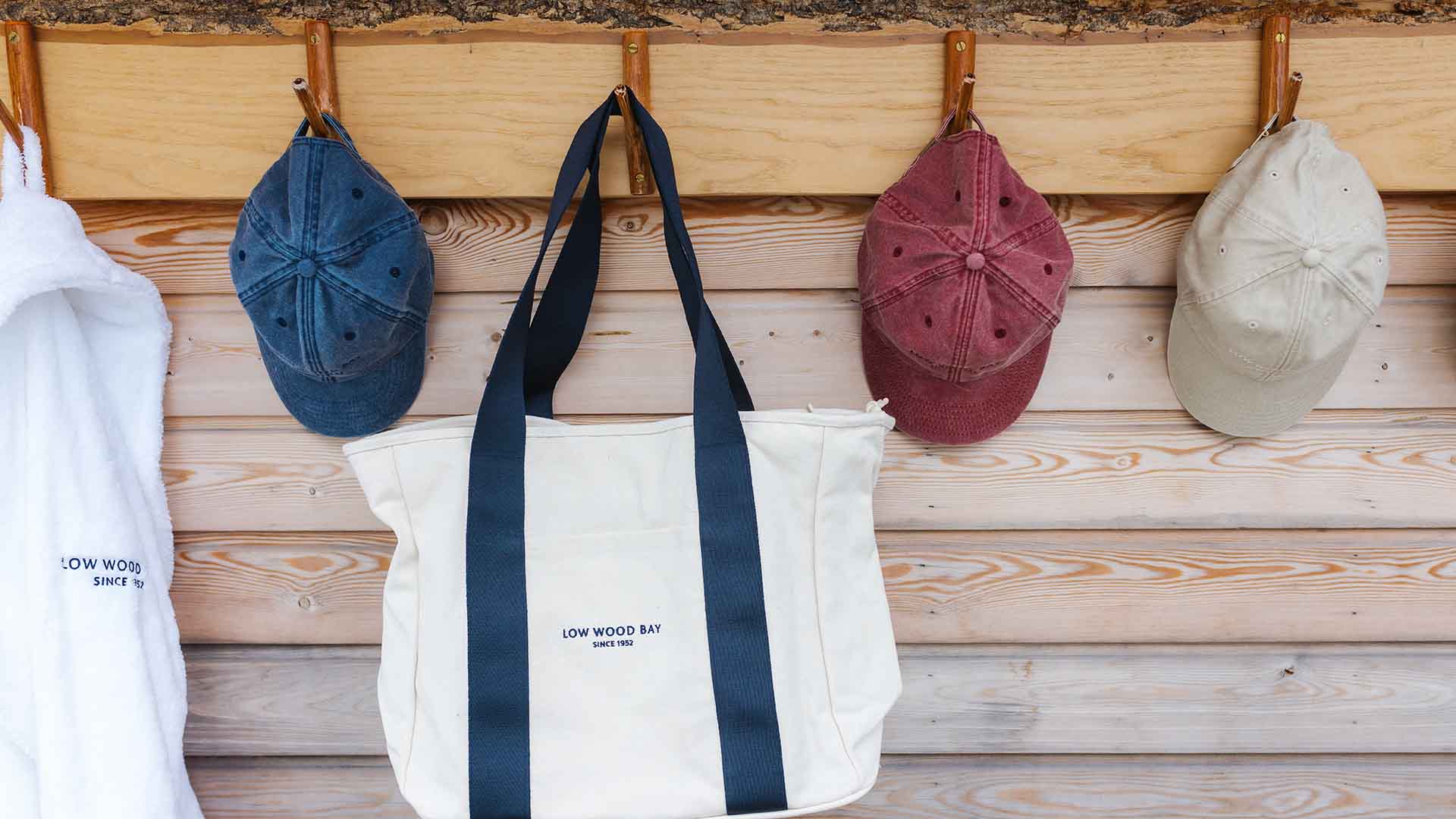 Line of branded items on hooks