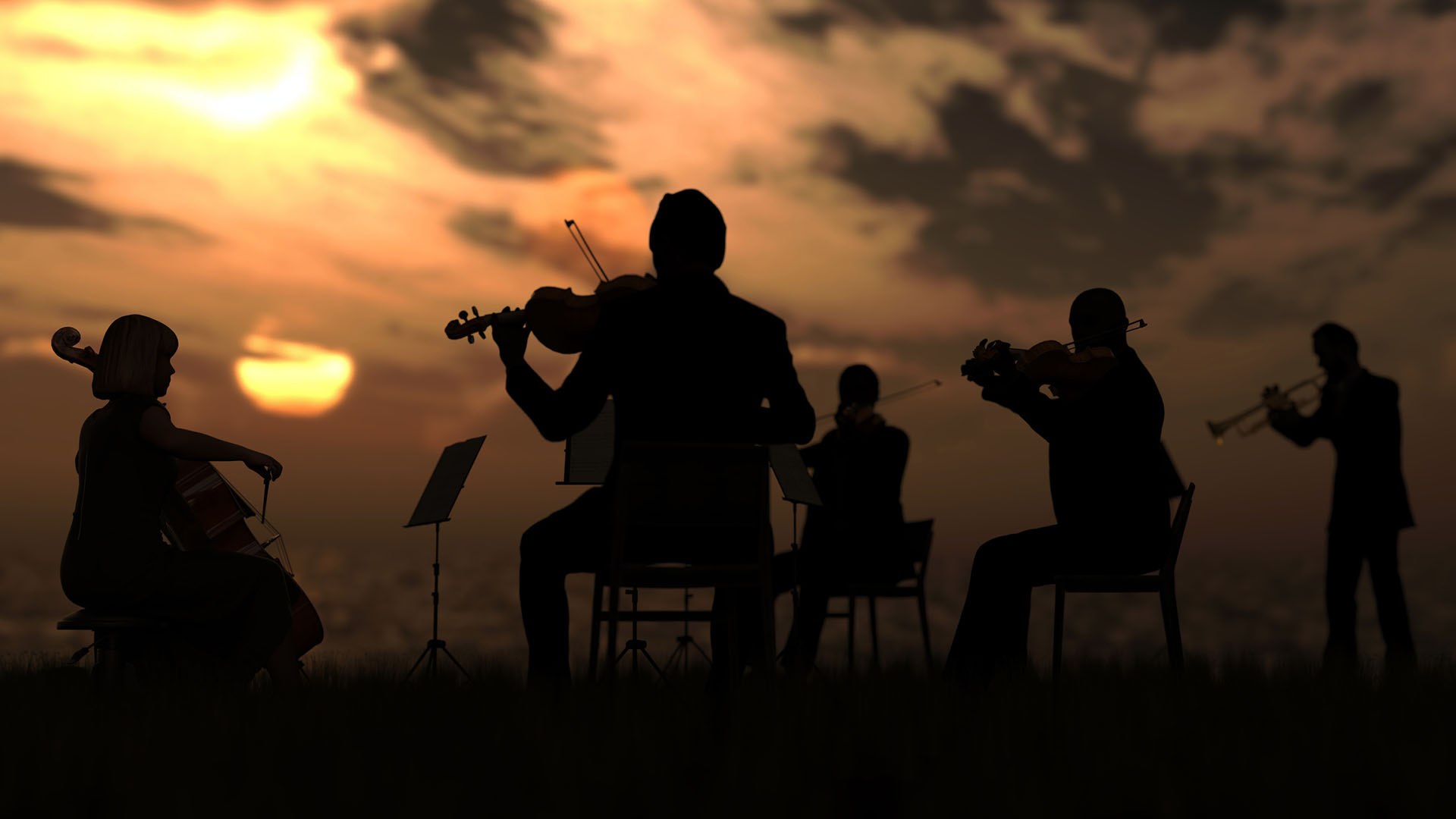Musicians playing outside at sunset