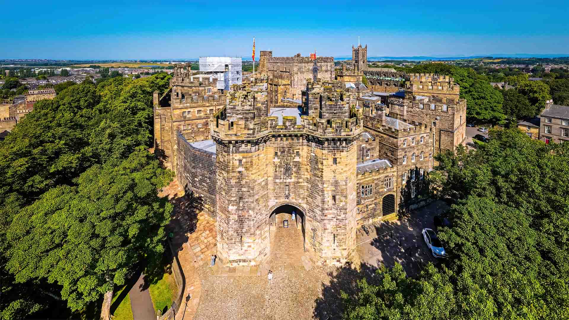 Drone view of the castle entrance to Lancaster Castle