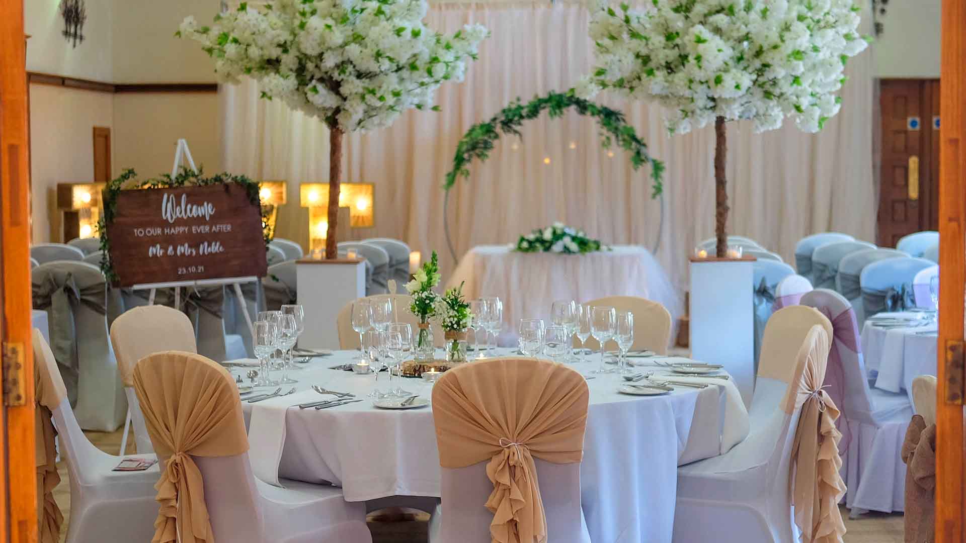 Wedding breakfast setup in the Dalton Suite at Lancaster House Hotel