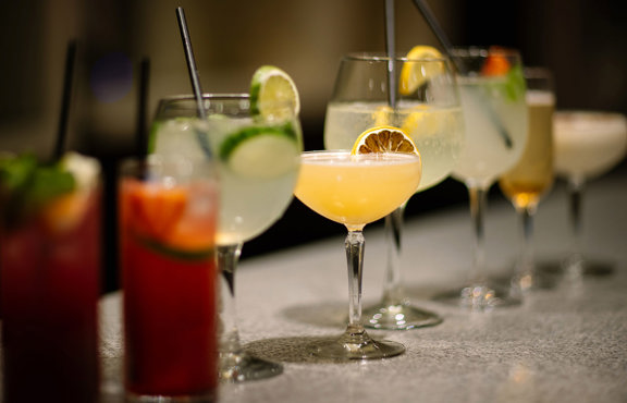 Line of drinks in the Sandeman Bar at Lancaster House Hotel 