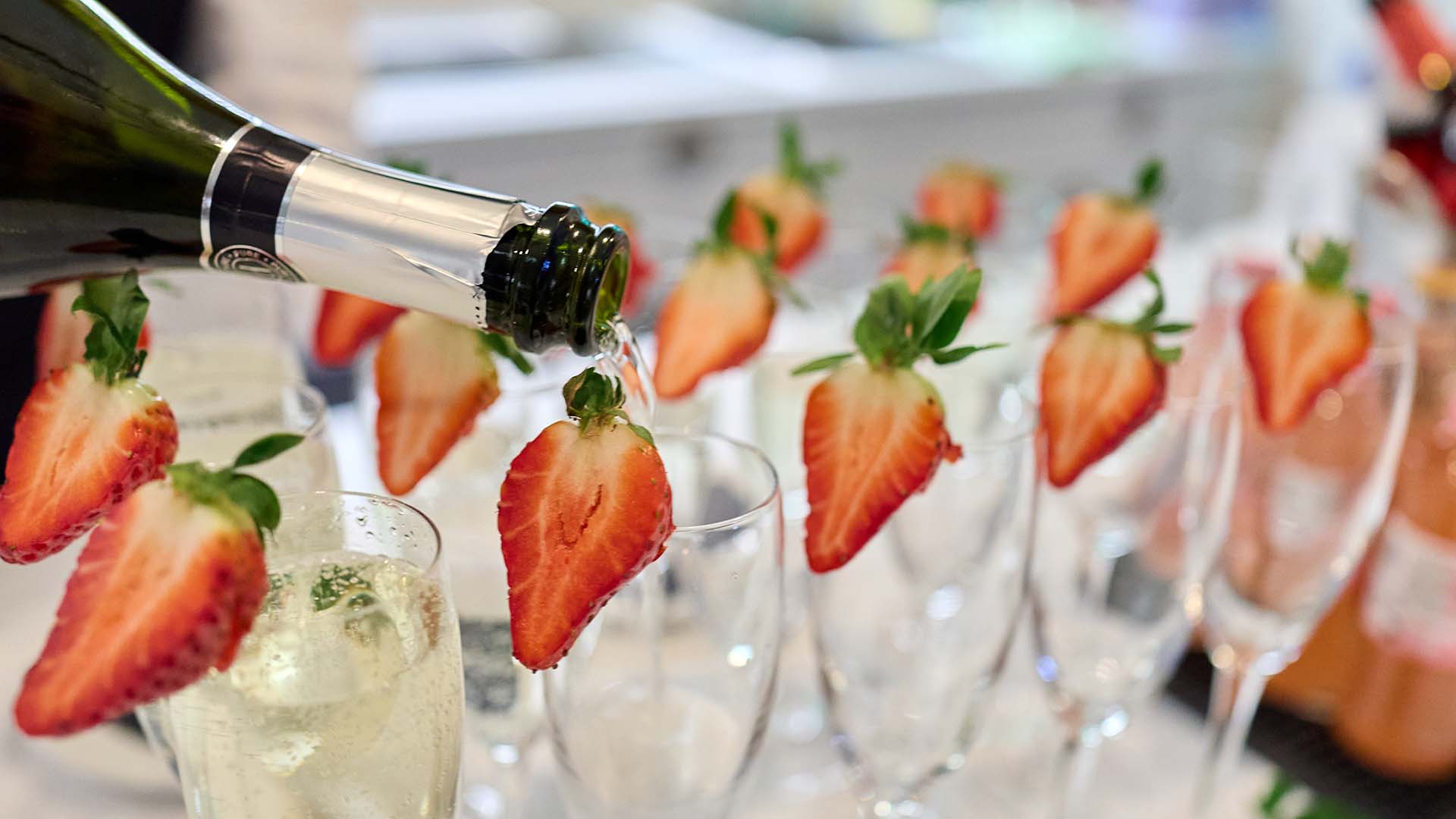 Welcome Champagne drinks lined up for serving