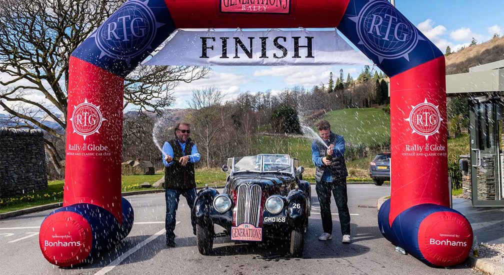 Frazer Nash-BMW 328 on the finish line with driver and navigator