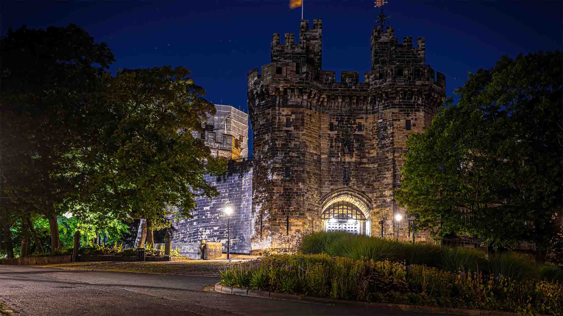 Lancaster Castle entrance at nightime