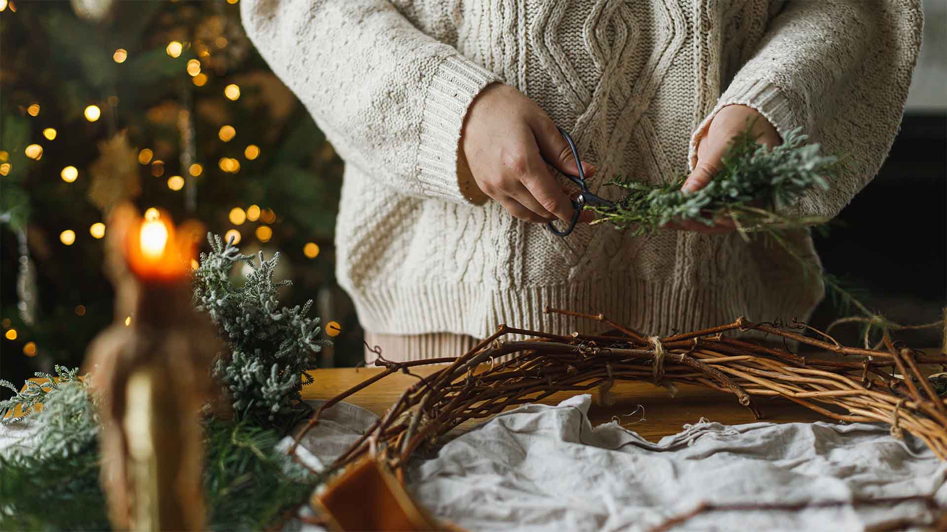 Cutting foliage for a Christmas wreath