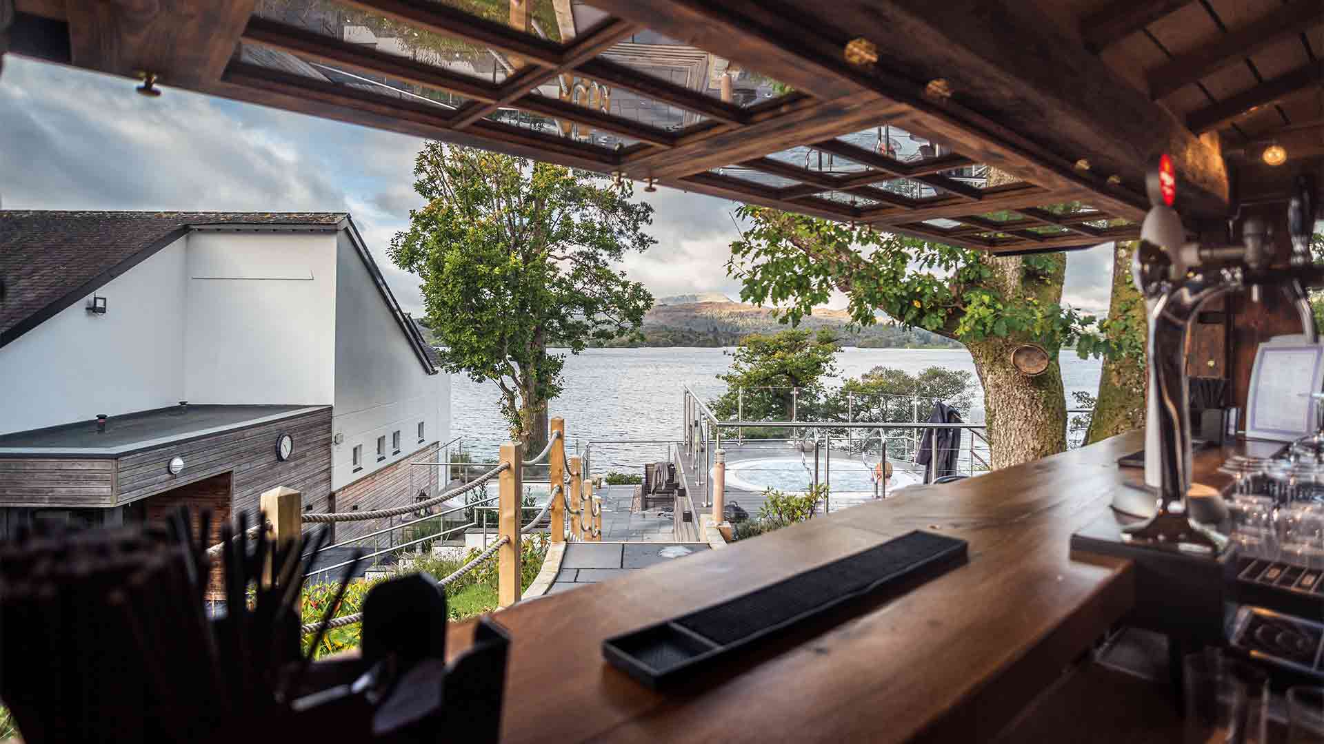 The Spa's outdoor bar affording spa guests views over Windermere alongside their chosen drink