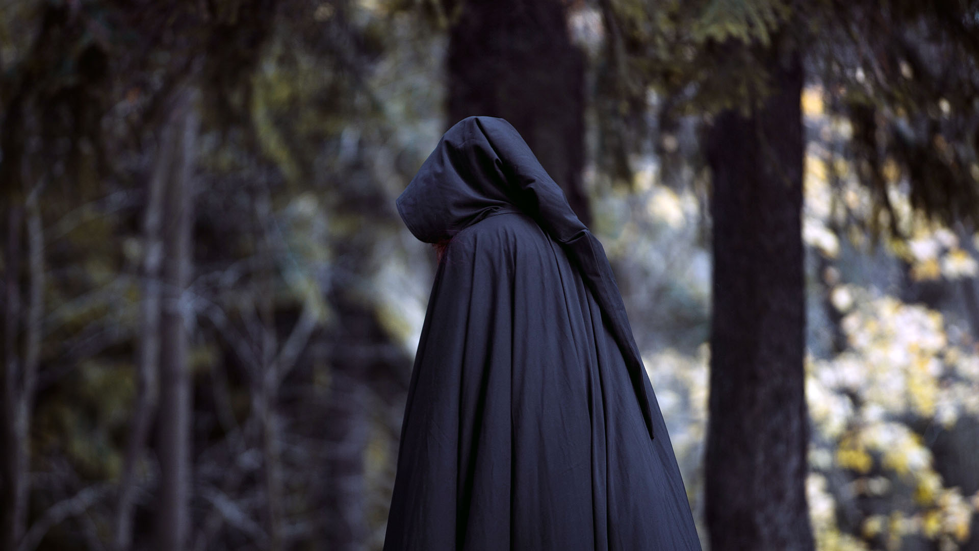 Caped figure walking through woodland