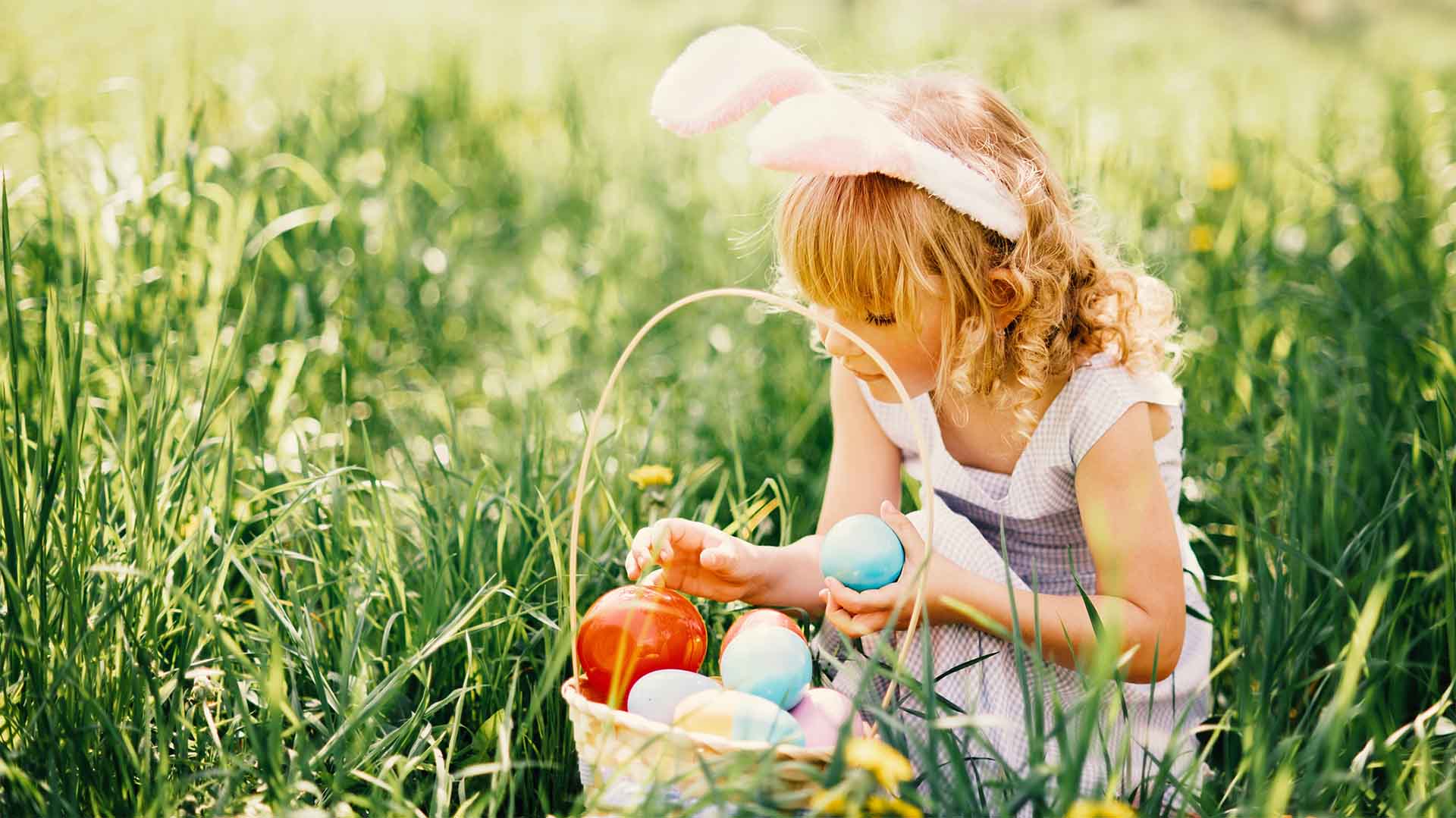 Young girl in a field collecting Easter Eggs
