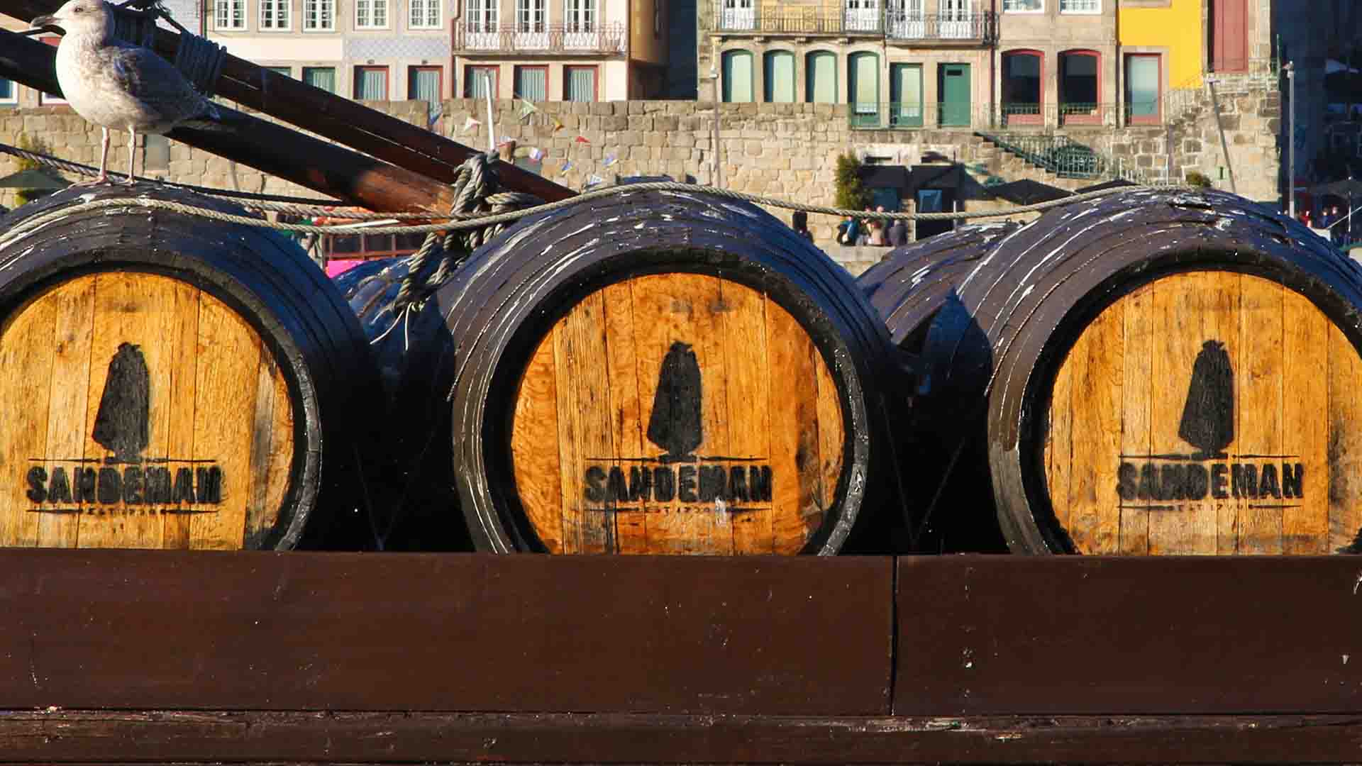 Barrels branded with the Sandeman logo