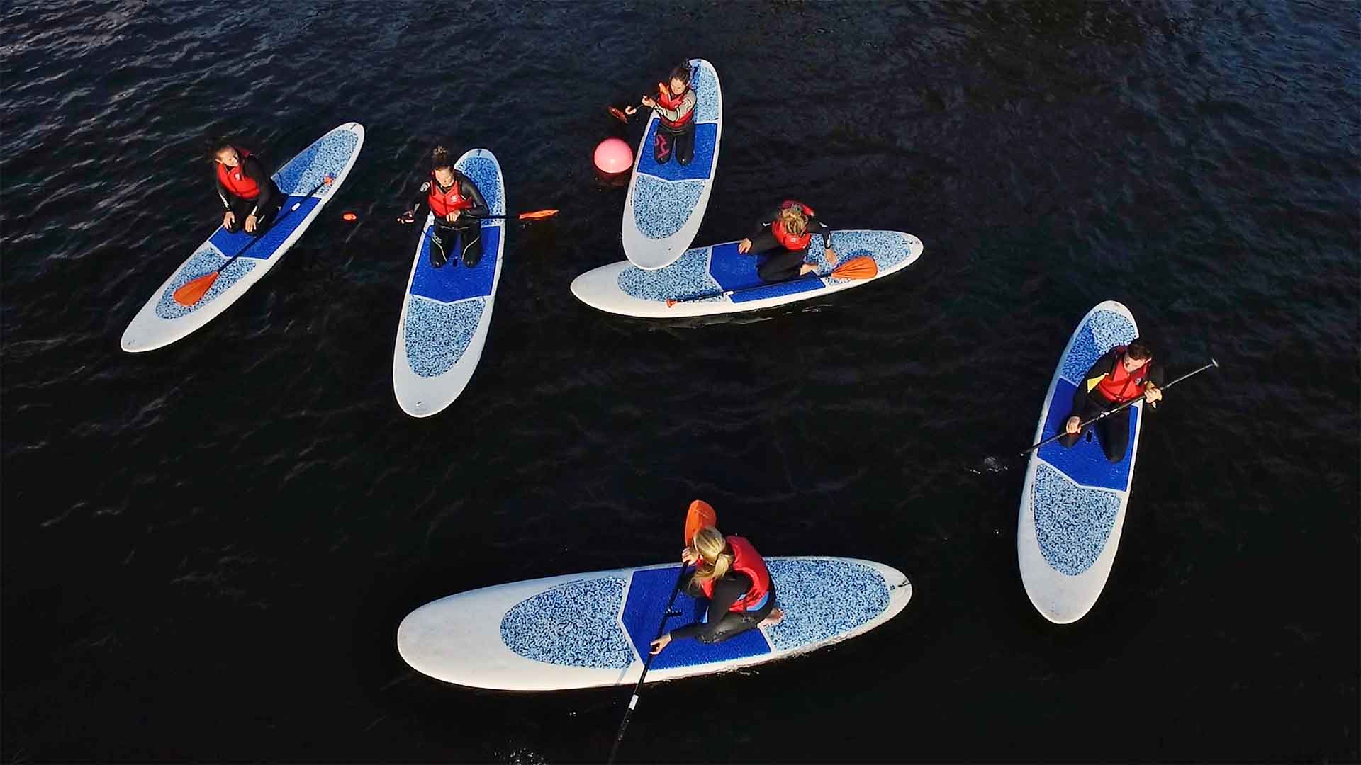 Overhead shot of group of paddleboarders