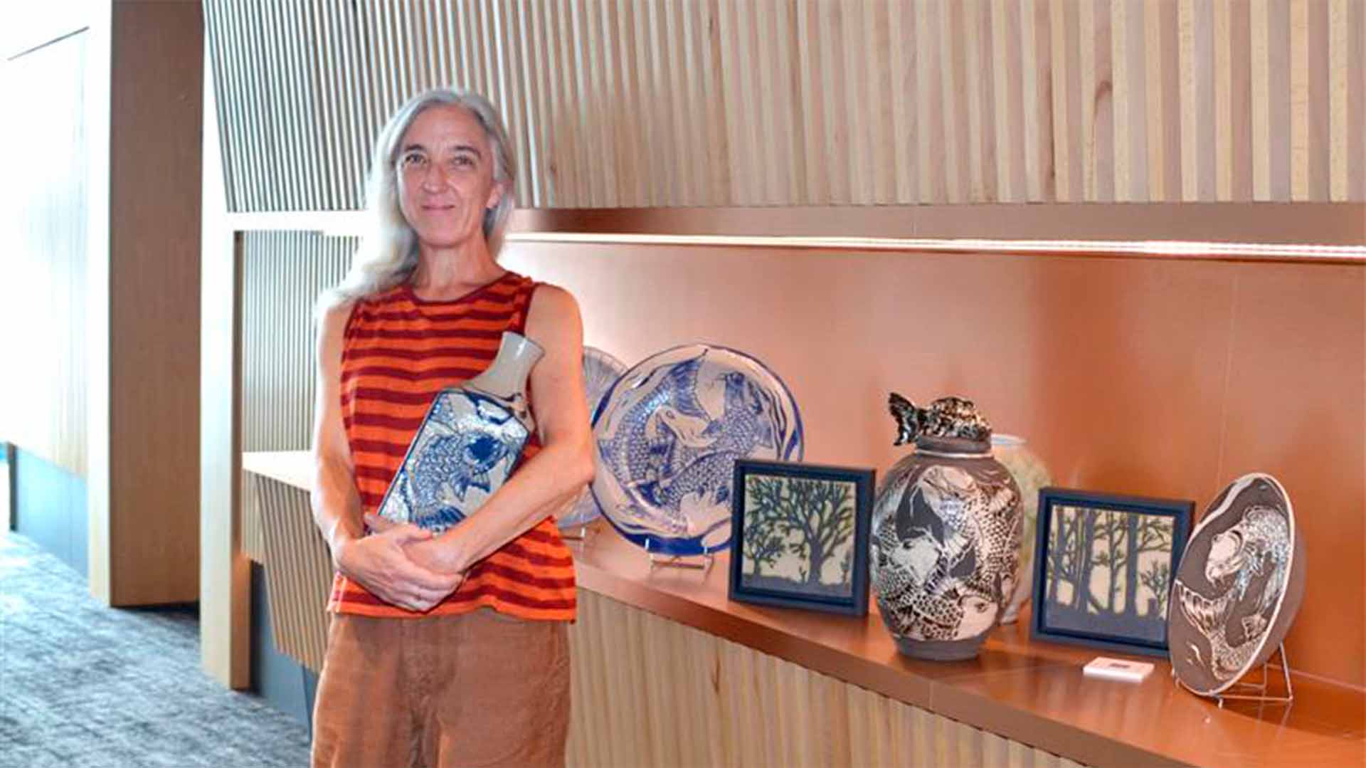 Jonquil Cook with a selection of some of her work in the Atrium