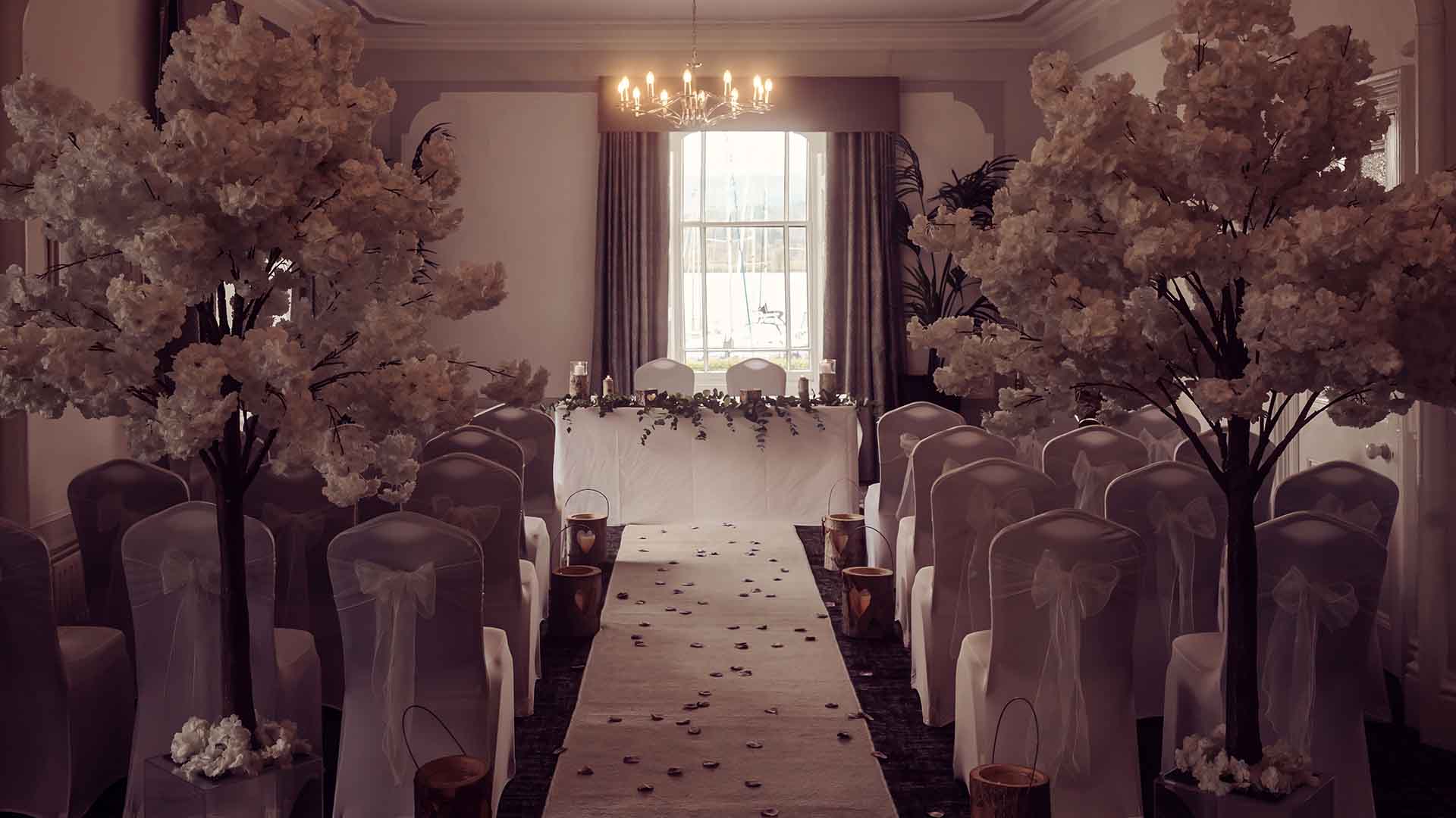 The Buckley Room prepared for a wedding ceremony