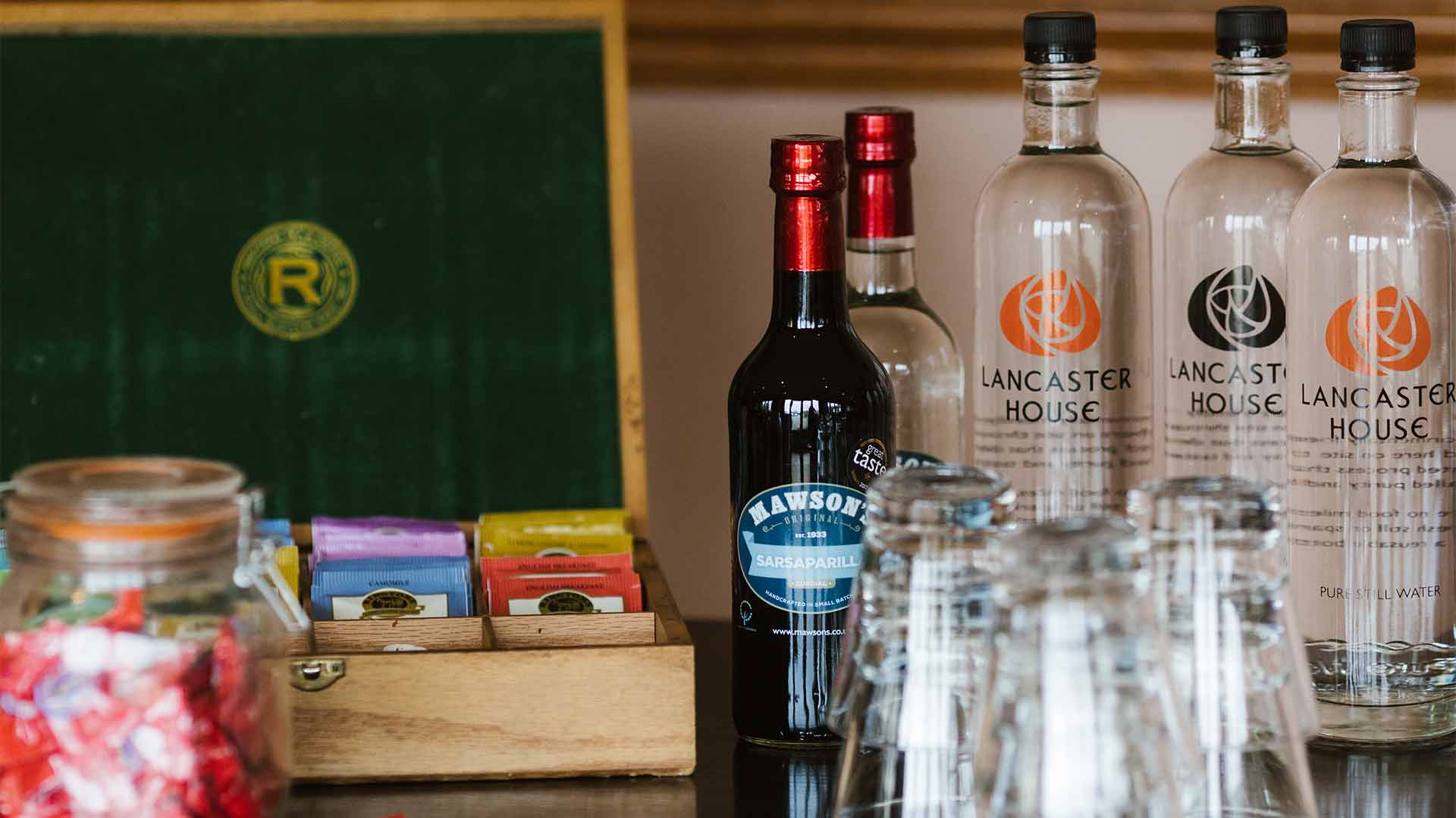 Selection of drinks and condiments