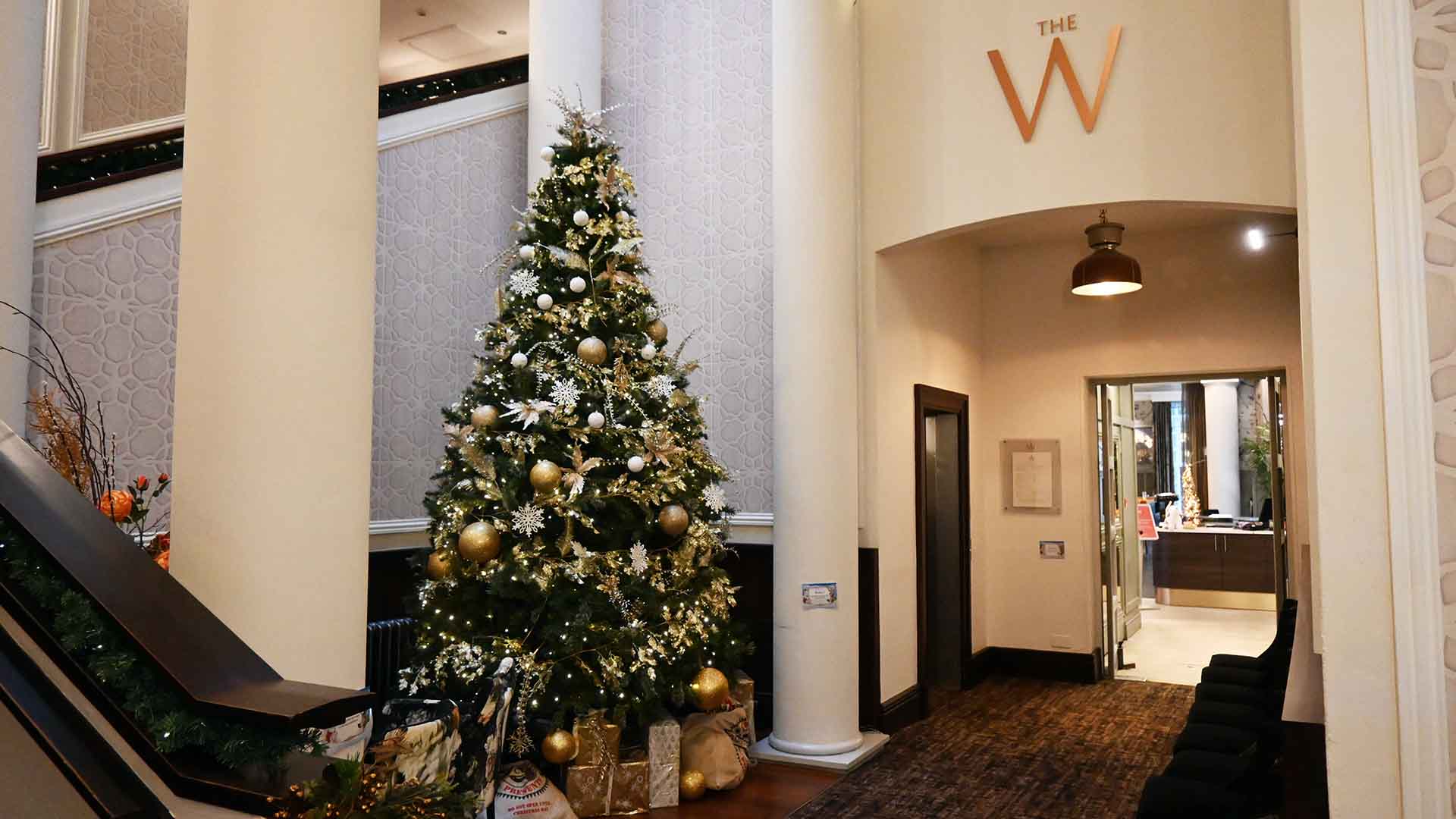 The entrance to the W restaurant at Low Wood Bay, decorated for Christmas.