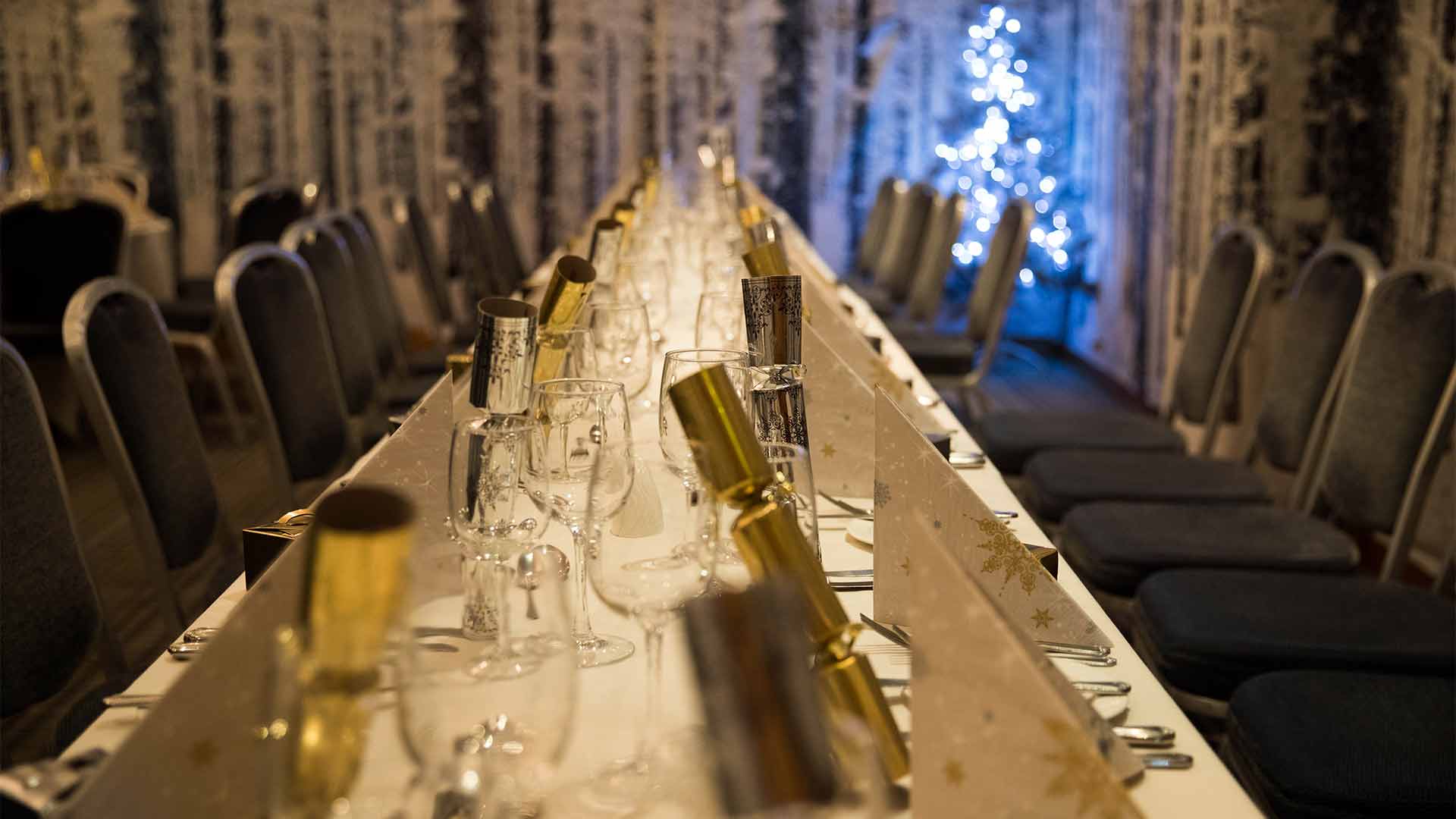 Long table with Christmas decorations in the Bowland Suite